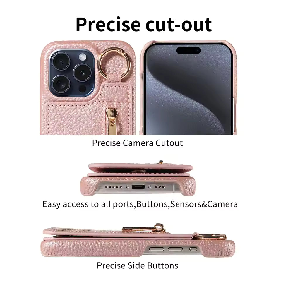 【カード収納＆リング付き】iPhoneケース レザー調 財布一体型 ファスナーポケット スタンド機能 ショルダー対応 落下防止 全機種対応